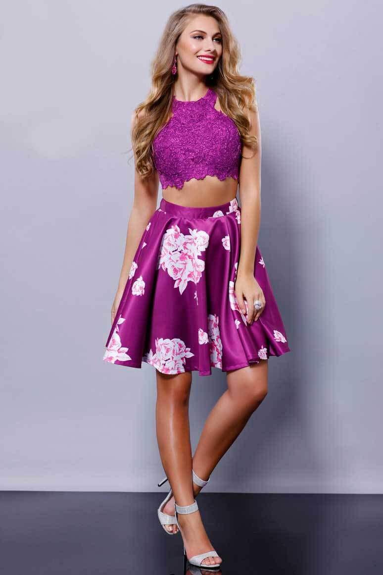 Two Piece Lace Floral Print Short Cocktail Prom Dress - The Dress Outlet
