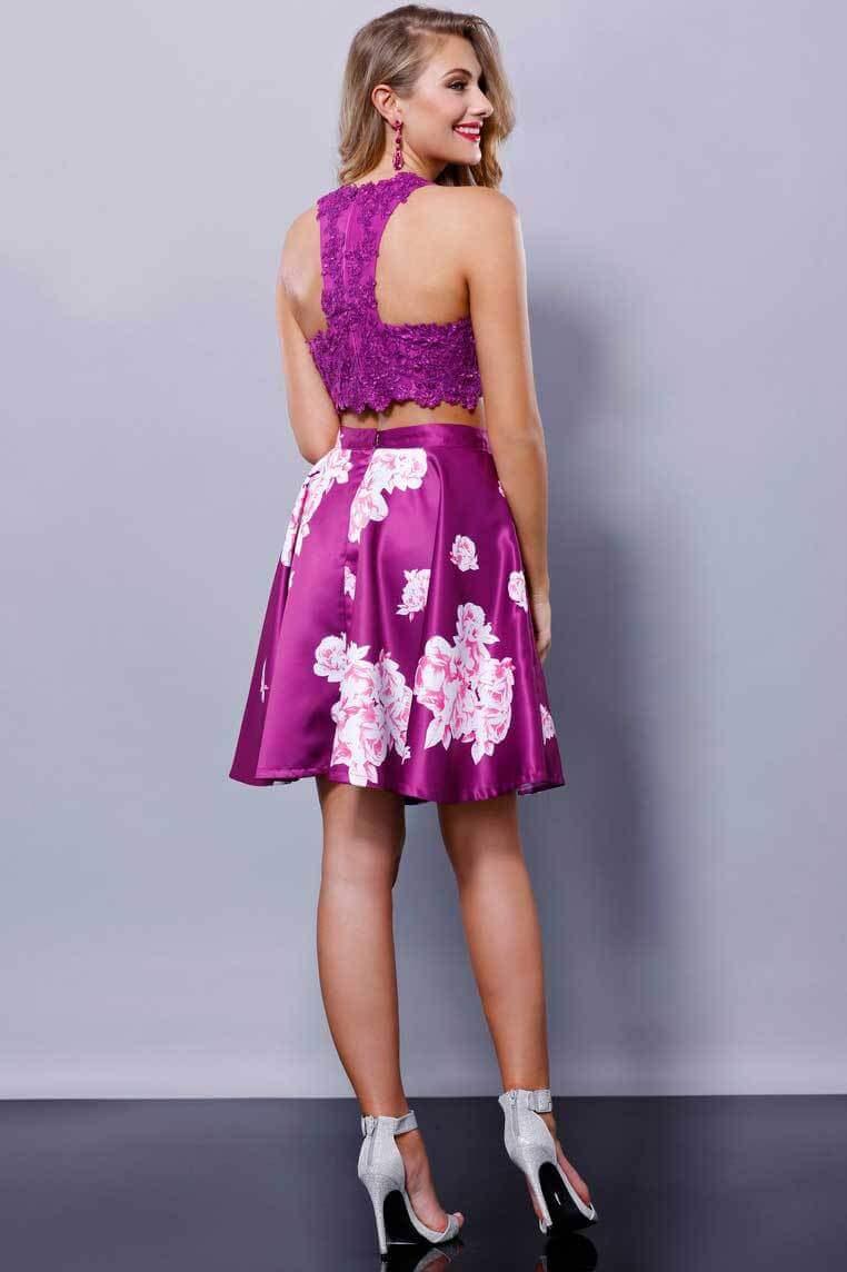 Two Piece Lace Floral Print Short Cocktail Prom Dress - The Dress Outlet