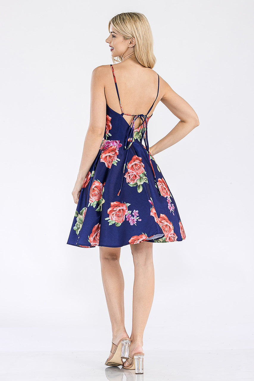 Cocktail Dresses Mini Short Cocktail Floral Print Dress Lenovia 5307 Navy Blue