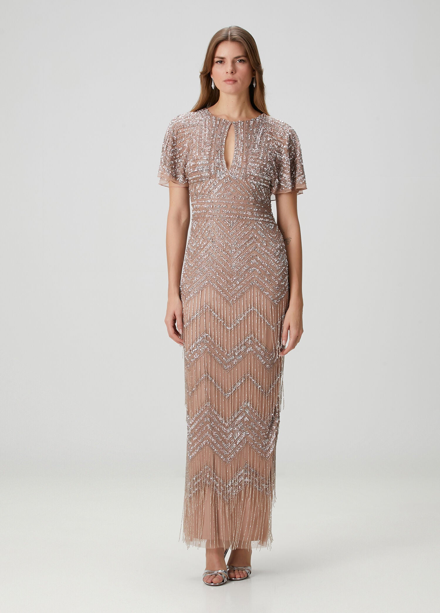 Rose Gold Adrianna Papell MD1E204761 Jewel Floor-Length Mesh Formal Dress Beaded