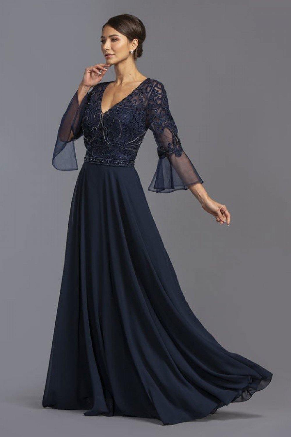 Navy V-Neck Bell Sleeves Long Formal Dress Navy Blue for $214.99 – The