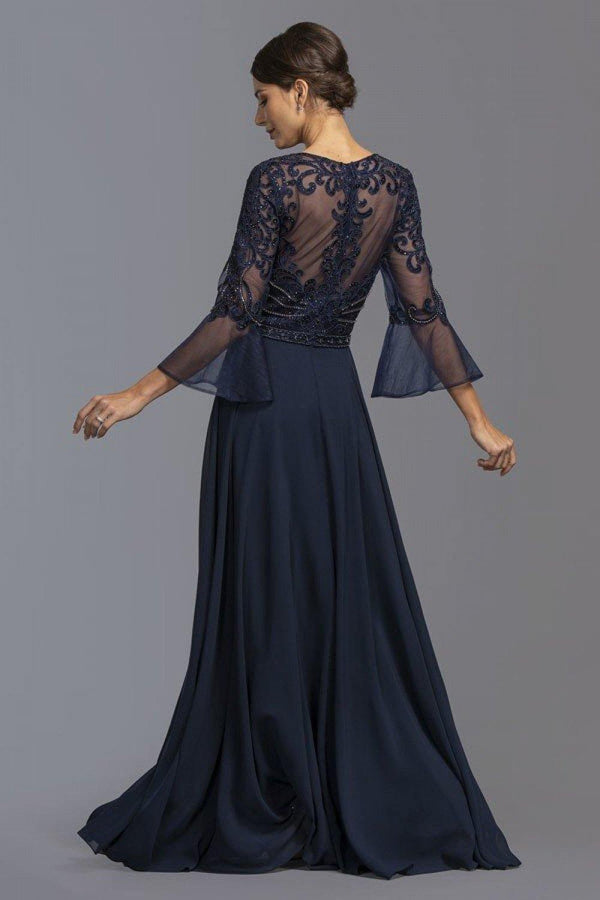 Navy V-Neck Bell Sleeves Long Formal Dress Navy Blue for $214.99 – The