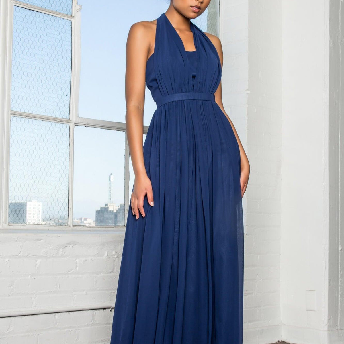 GLS Navy V-Neck Halter Chiffon Long Formal Dress - Bridesmaid Dress - Size S