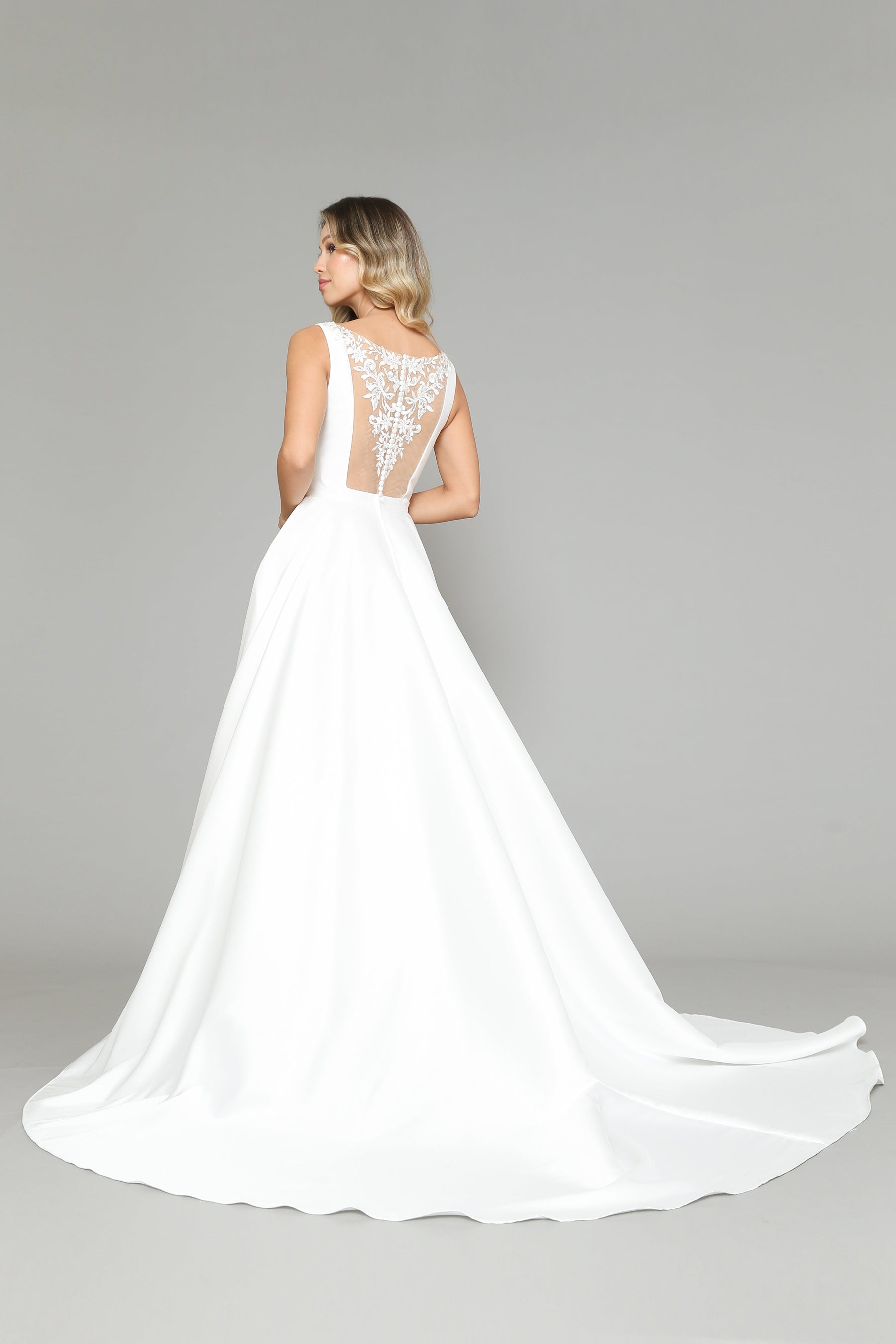 Off White V Neck Floor Length Satin Wedding Dress with Sweep Train Button Up Back Dress Poly USA 8582