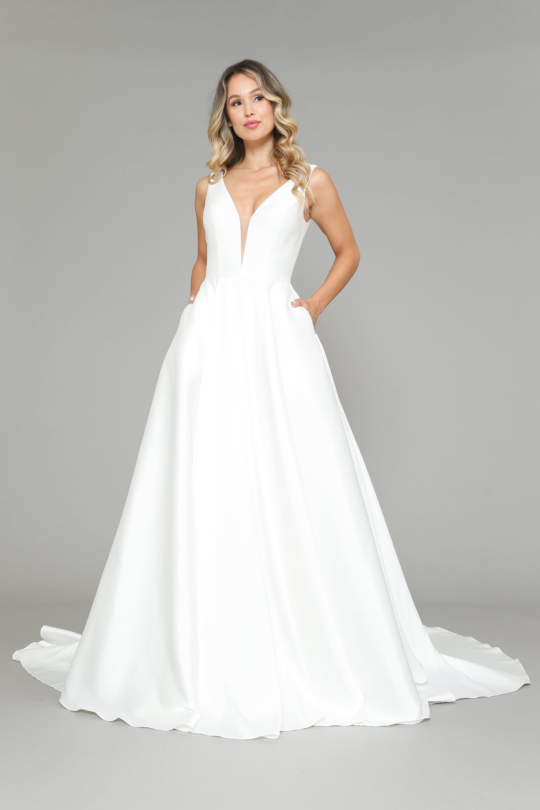 Off White V Neck Floor Length Satin Wedding Dress with Sweep Train Button Up Back Dress Poly USA 8582