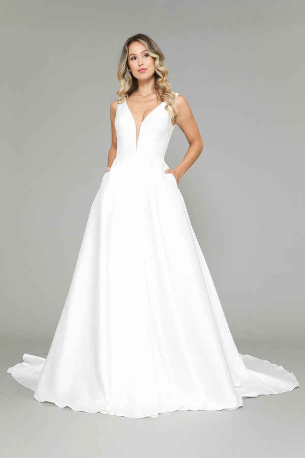 V Neck Floor Length Satin Wedding Dress with Sweep Train Button Up Back Dress Poly USA 8582
