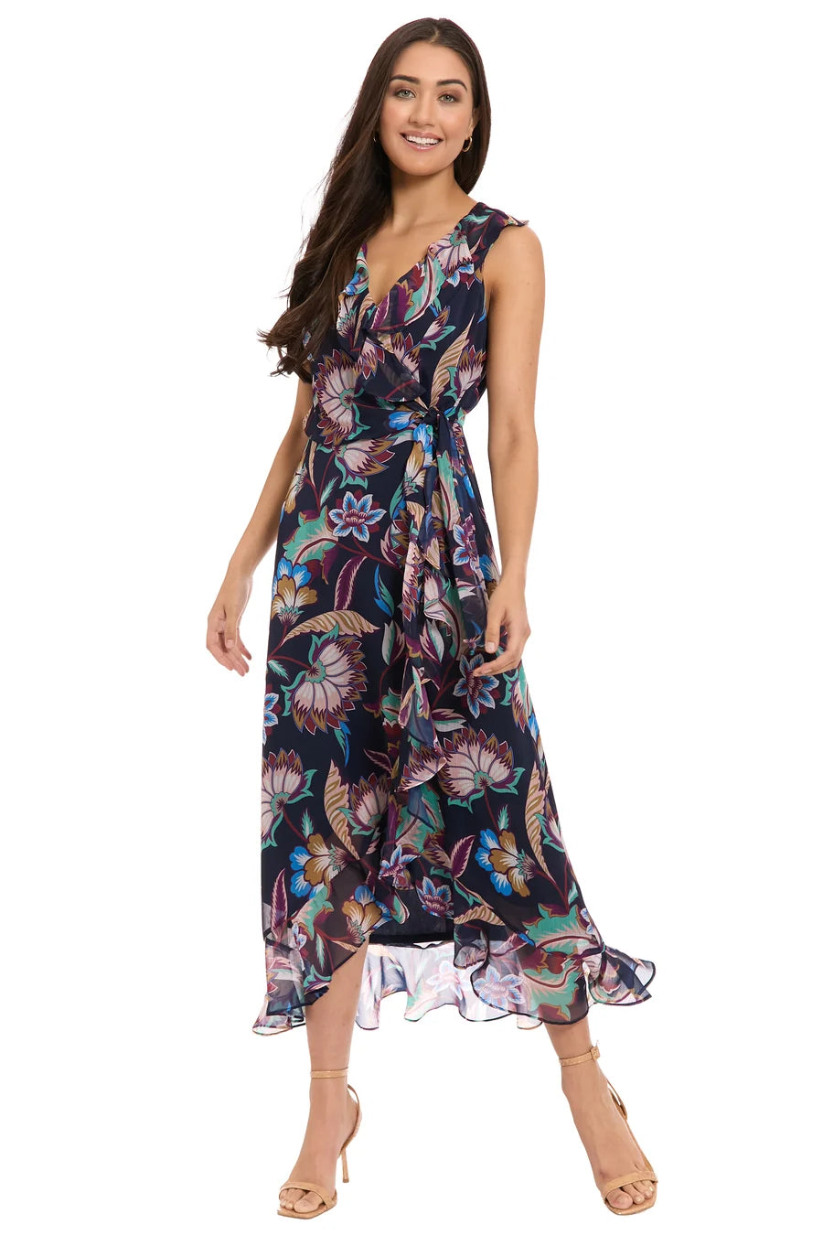 New Ruffle Hem Maxi Dress In Navypurple London Times T10581M