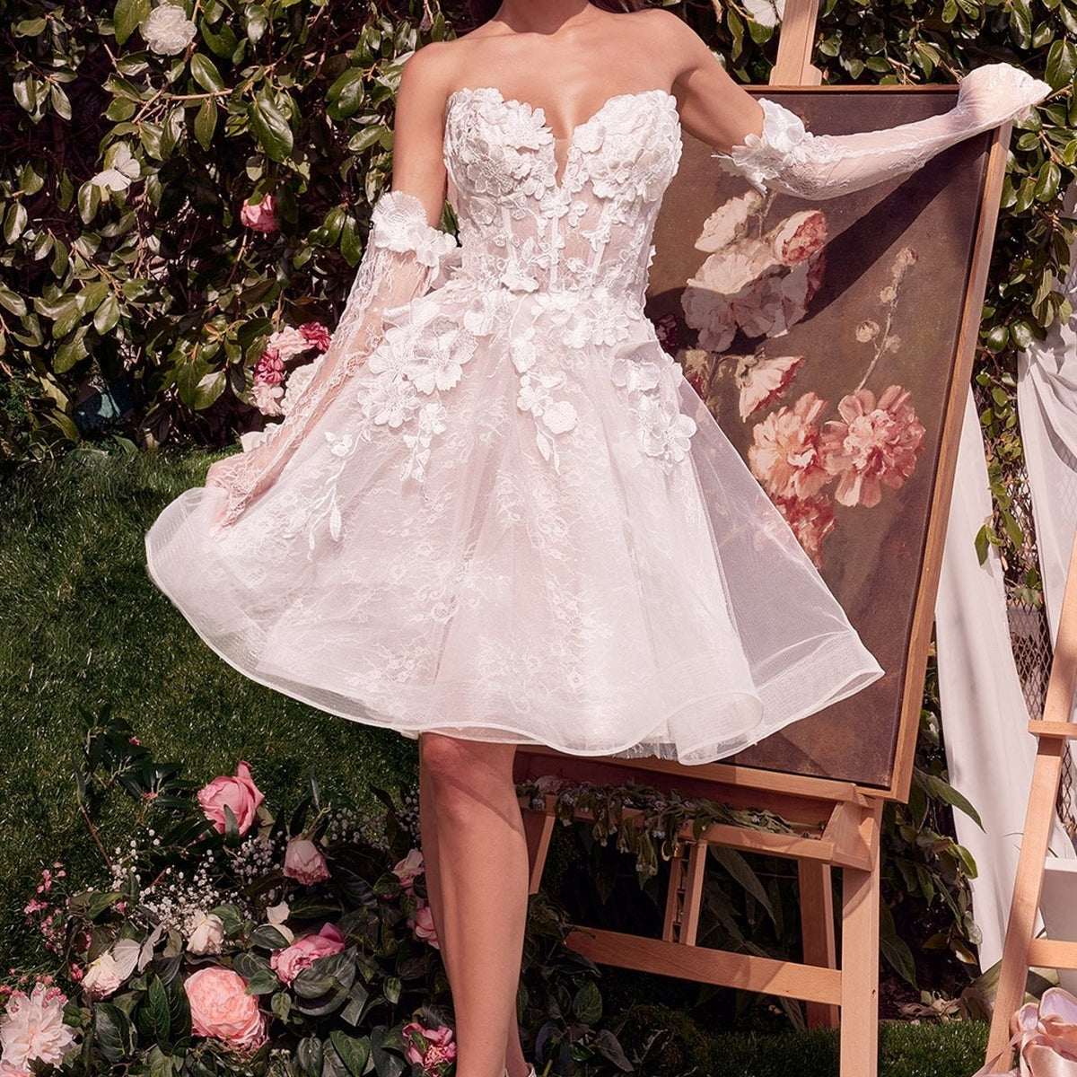 andrea embroidered mini dress Andrea & Leo WL025 A Line Short Feather Wedding Mini Dress – The Dress  Outlet