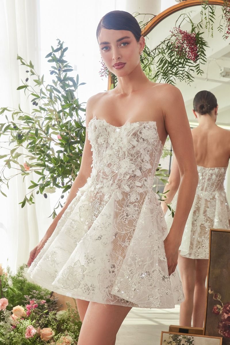 Andrea & Leo WL082 Short Bridal A Line Floral Applique Wedding Dress - Off White Nude / 14 Andrea & Leo WL082 Short Bridal A Line Floral Applique Wedding Dress - Off White Nude / 14