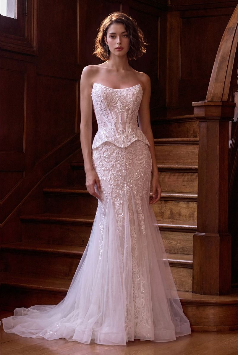 Strapless Curved Neck Floor-Length Lace Wedding Dress Mermaid Andrea & Leo WL091