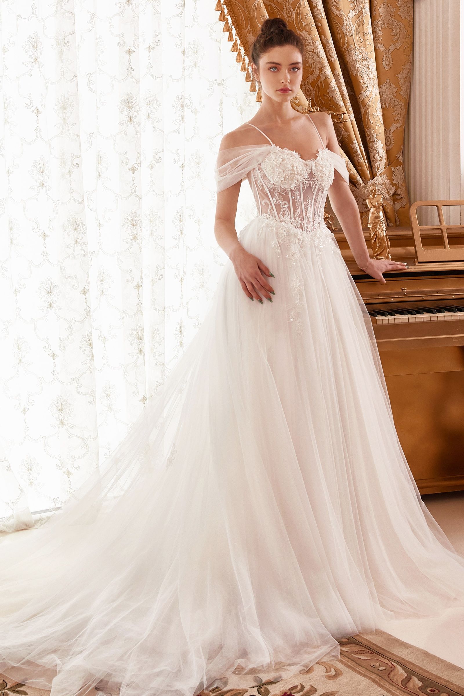 Ladivine WN307 Long Bridal Floral A Line Corset Wedding Dress - Off White / 14 Ladivine WN307 Long Bridal Floral A Line Corset Wedding Dress - Off White / 14