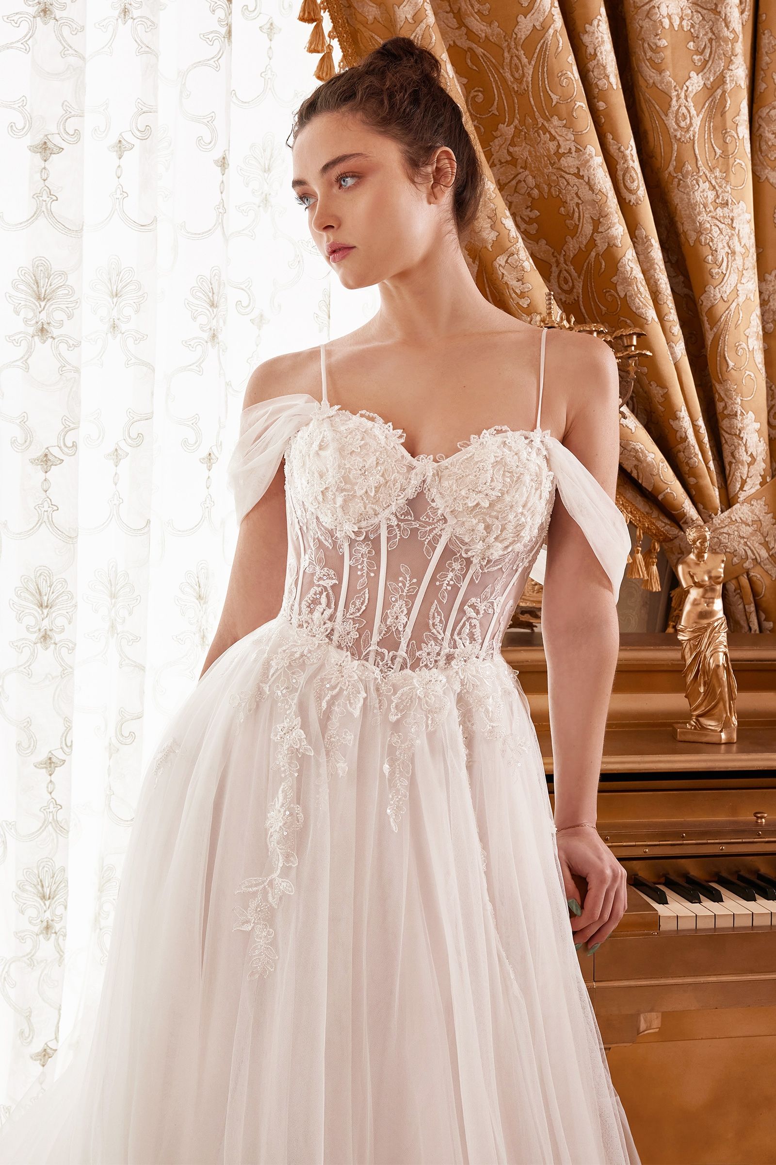 Ladivine WN307 Long Bridal Floral A Line Corset Wedding Dress - Off White / 14 Ladivine WN307 Long Bridal Floral A Line Corset Wedding Dress - Off White / 14