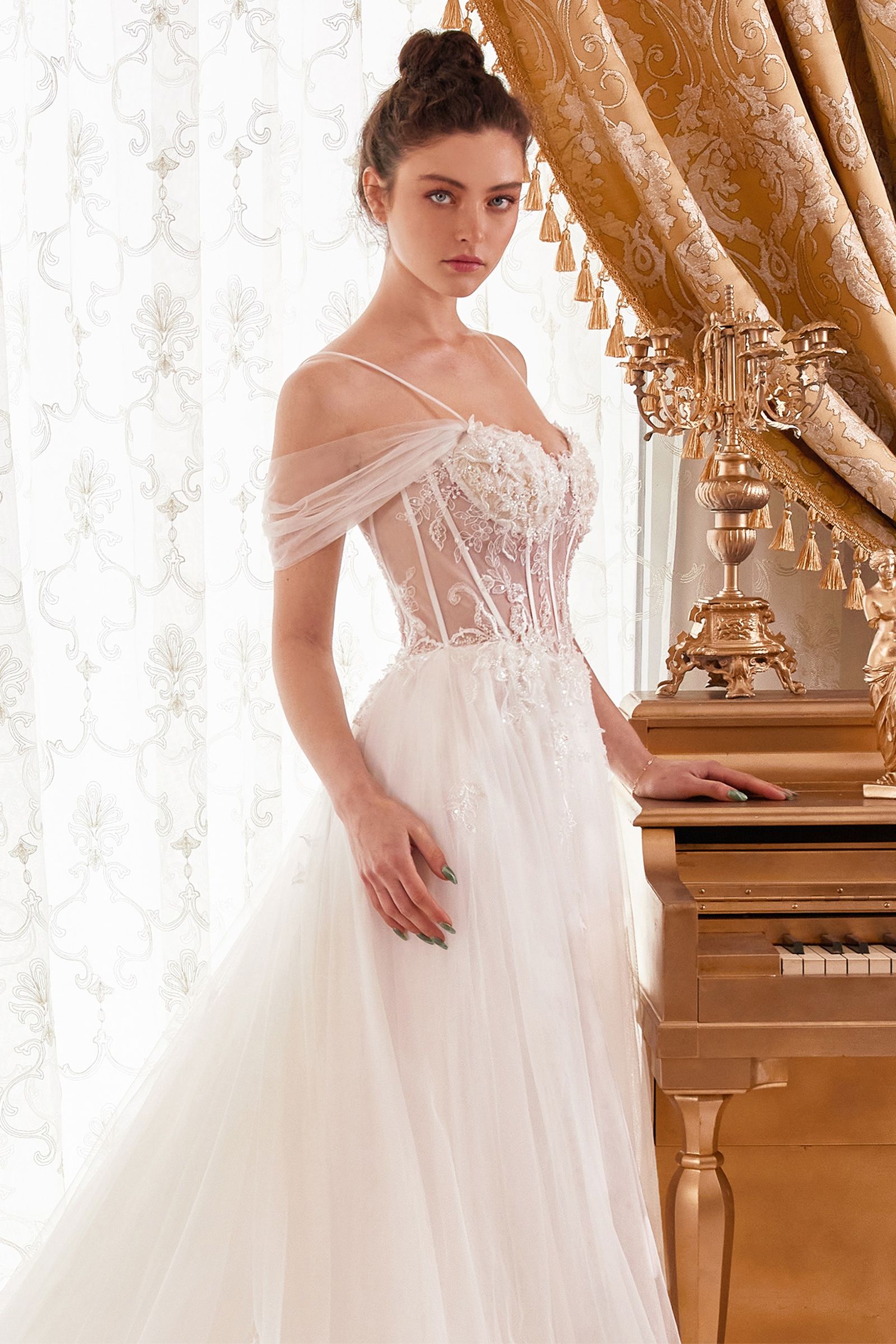 Ladivine WN307 Long Bridal Floral A Line Corset Wedding Dress - Off White / 14 Ladivine WN307 Long Bridal Floral A Line Corset Wedding Dress - Off White / 14