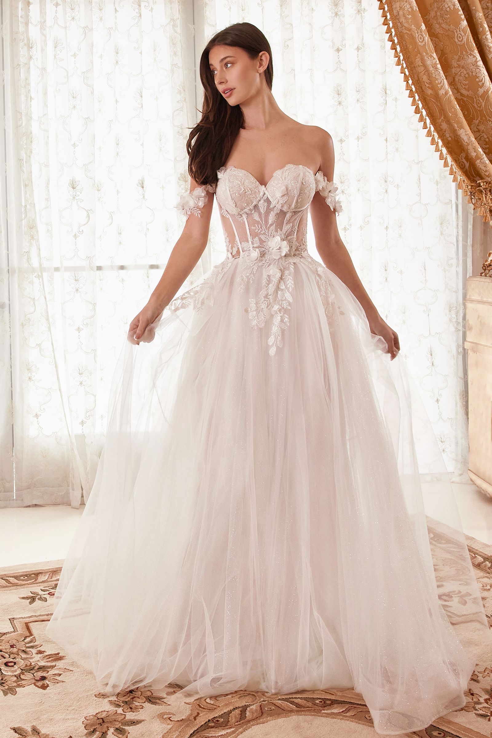 Wedding Dresses A Line Bridal Long 3D Floral Applique Wedding Dress French White
