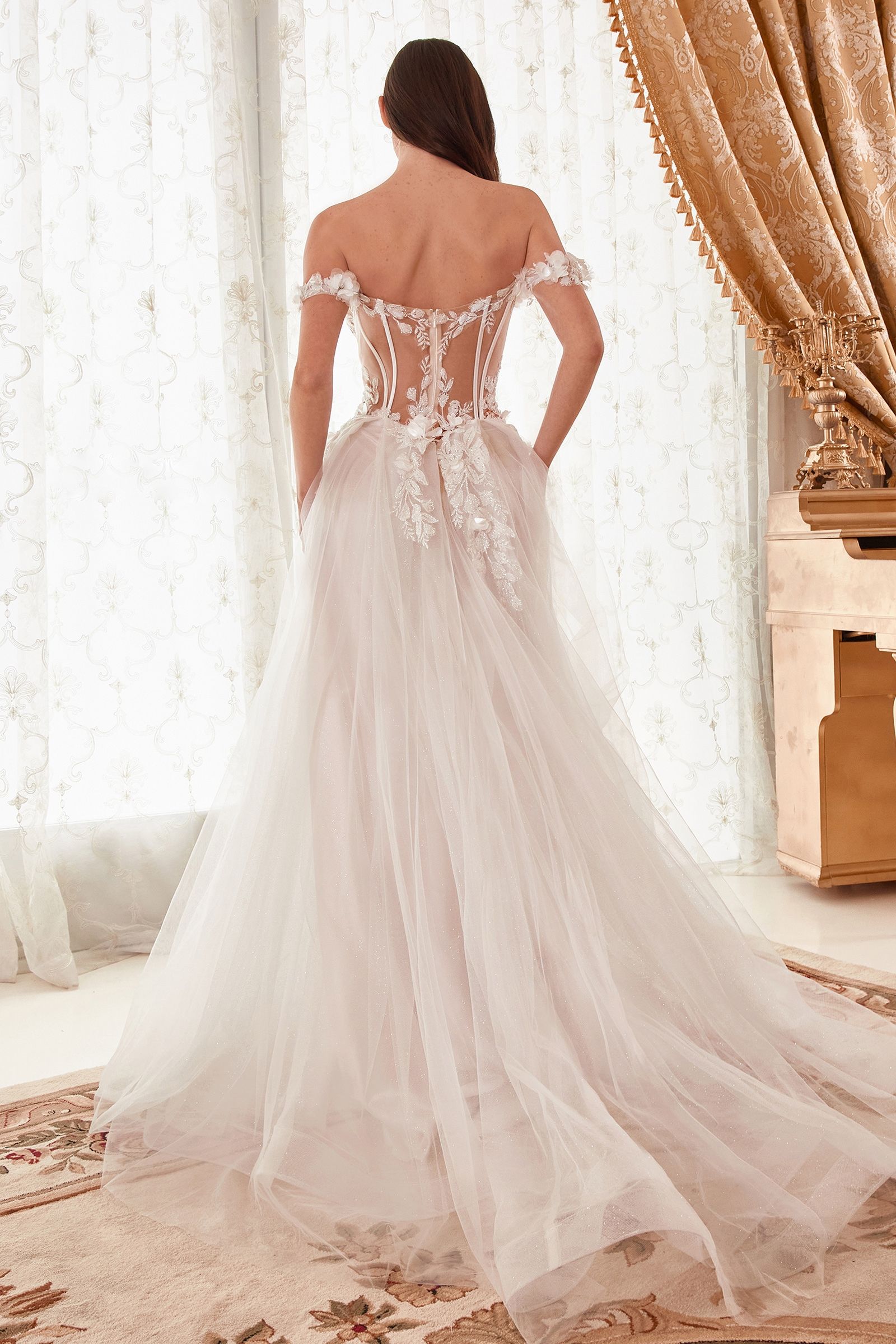 Wedding Dresses A Line Bridal Long 3D Floral Applique Wedding Dress French White