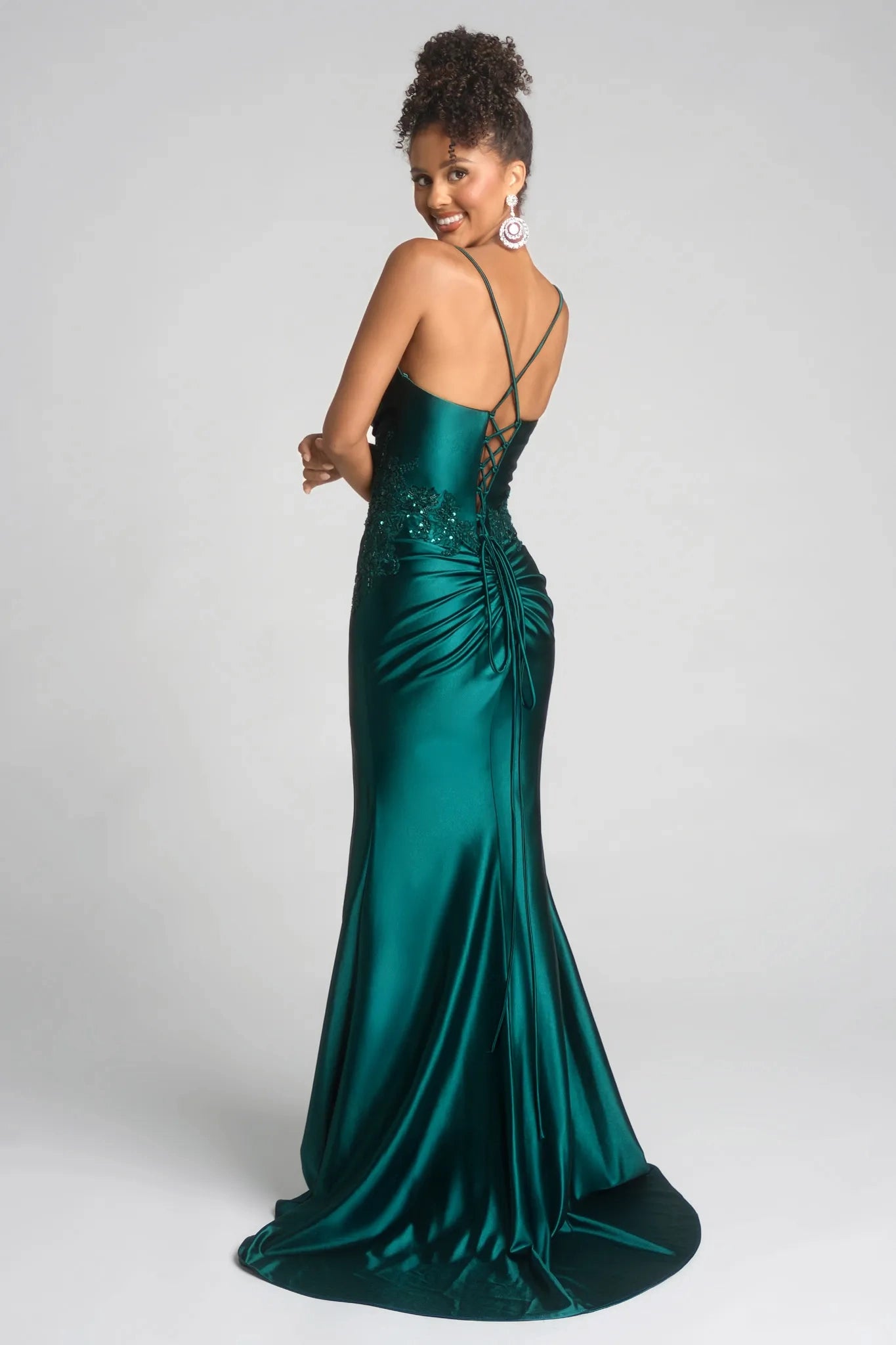 Emerald V-Neck Floor-Length Satin Prom Gown with High Slit and Beaded Appliqué Portia & Scarlett XO136