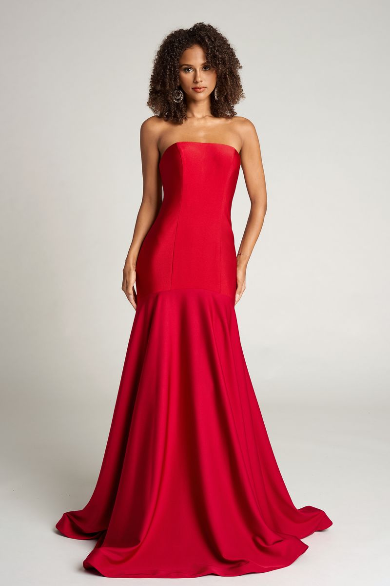 Red Strapless Floor-Length Satin Formal Mermaid Gown Soft Train Portia & Scarlett PS26101