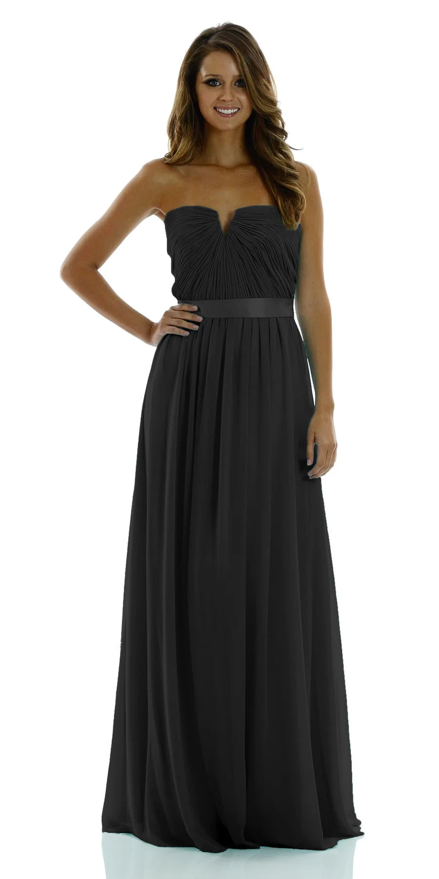 Black Deep Sweetheart Floor-Length Chiffon Prom Gown Satin Ribbon Waist Poly USA 7164