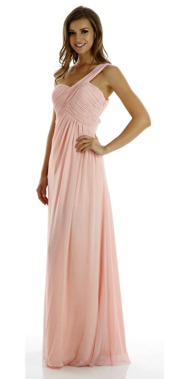 Blush One-Shoulder Floor-Length Chiffon Formal Gown Pleated Bodice Poly USA 7140