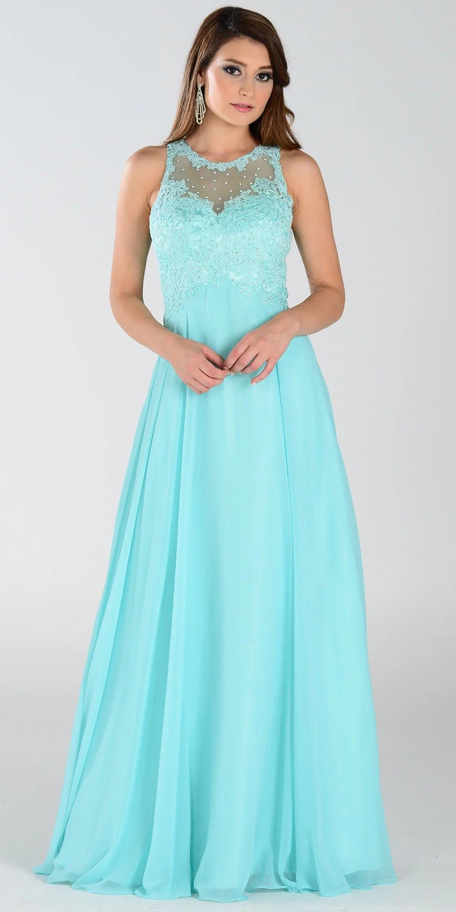 Aqua Illusion Jewel Floor-Length Chiffon Formal Gown Lace Applique Poly USA 7454 