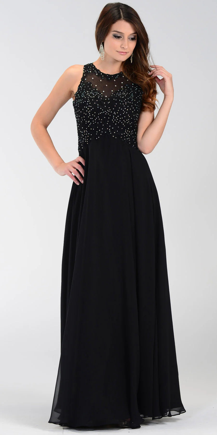 Black Illusion Jewel Floor-Length Chiffon Formal Gown Lace Applique Poly USA 7454 