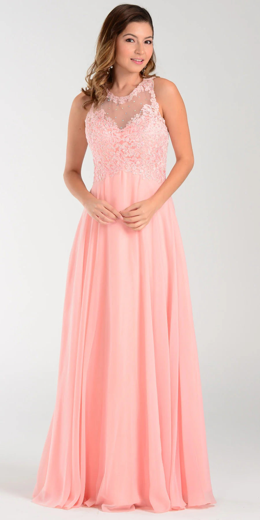 Blush Illusion Jewel Floor-Length Chiffon Formal Gown Lace Applique Poly USA 7454 