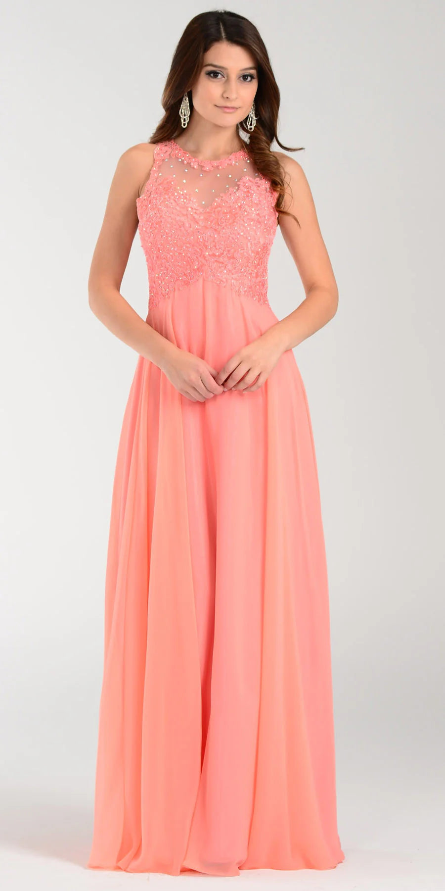 Coral Illusion Jewel Floor-Length Chiffon Formal Gown Lace Applique Poly USA 7454 