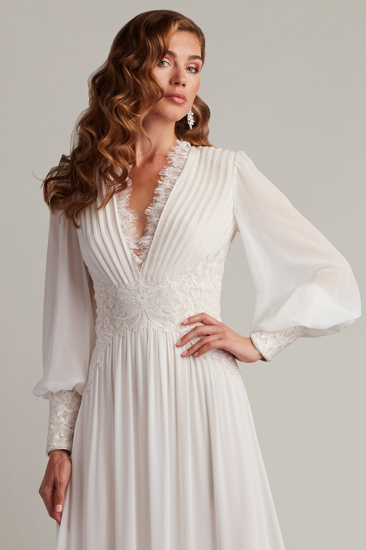 Tadashi Shoji Women's Ruffle Pleated Long Sleeve Chiffon Gown - Gray - Gowns Tadashi Shoji Women's Ruffle Pleated Long Sleeve Chiffon Gown - Gray - Gowns