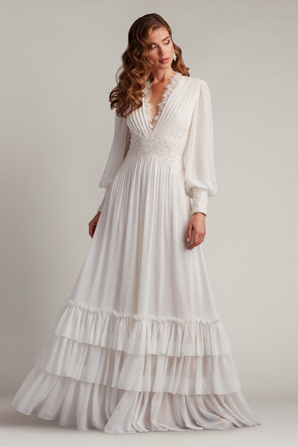 Tadashi Shoji Women's Ruffle Pleated Long Sleeve Chiffon Gown - Gray - Gowns Tadashi Shoji Women's Ruffle Pleated Long Sleeve Chiffon Gown - Gray - Gowns
