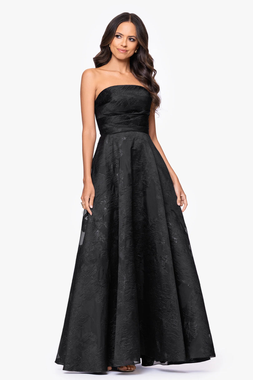 Black Betsy & Adam A27302 Strapless Floor-Length Jacquard Prom A-Line Dress