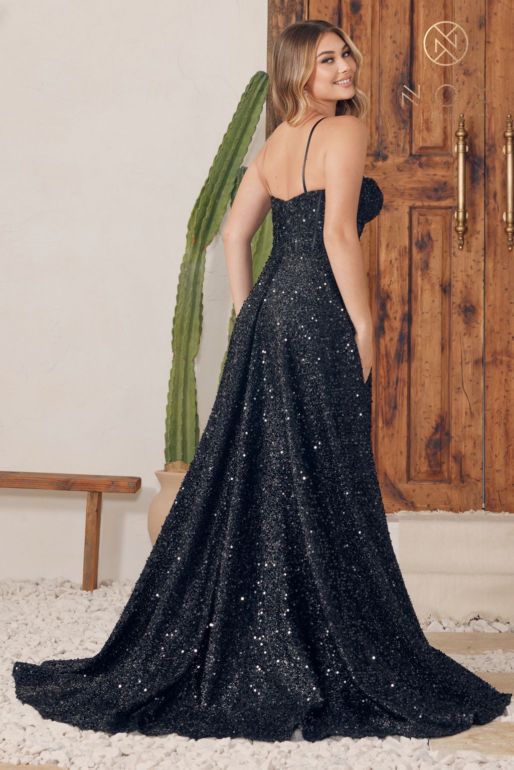 Black Nox Anabel A1241 Long Spaghetti Strap Sequin Prom Dress for $319