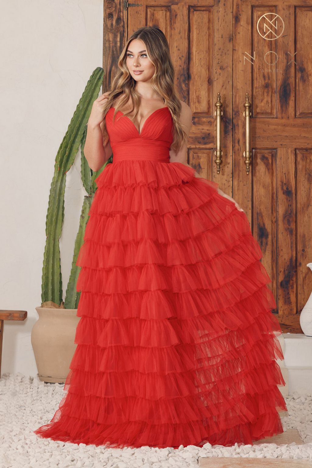 Nox Anabel R1240 Long Spaghetti Strap Ruffled Tulle Prom Dress
