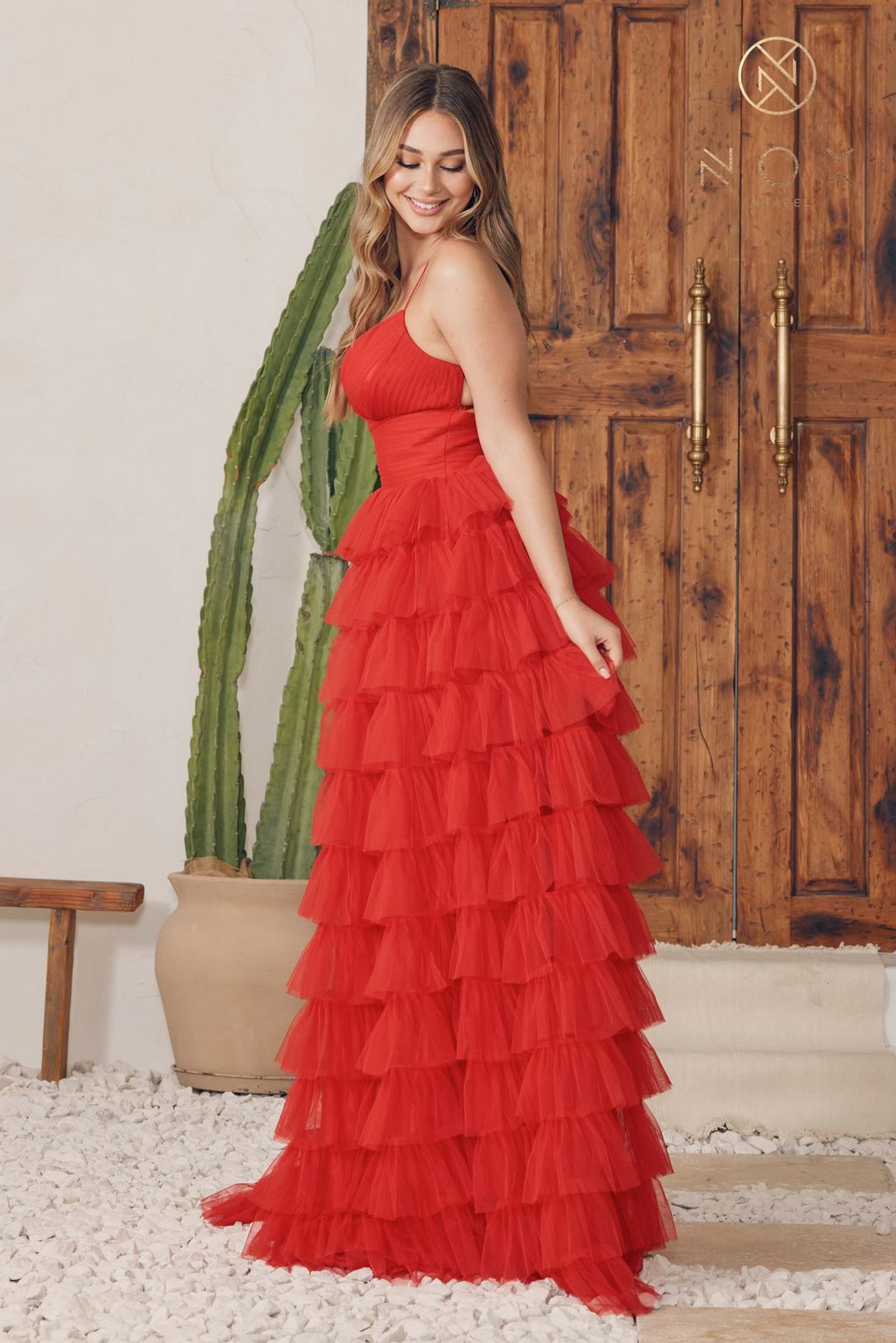 Nox Anabel R1240 Long Spaghetti Strap Ruffled Tulle Prom Dress