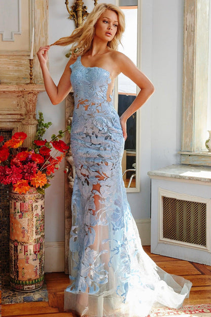 One Shoulder Fitted Long Prom Gown Light Blue