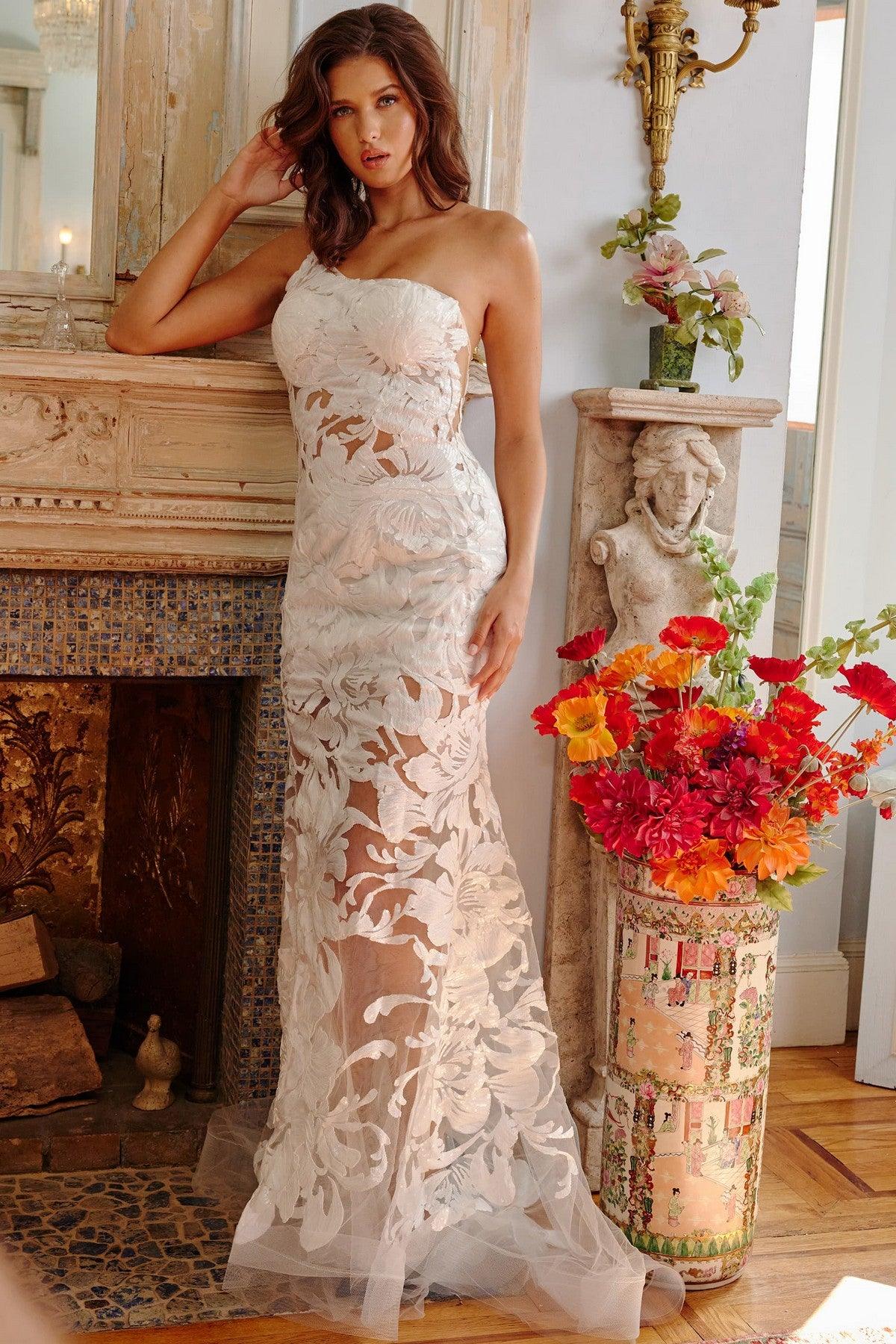 One Shoulder Fitted Long Prom Gown White