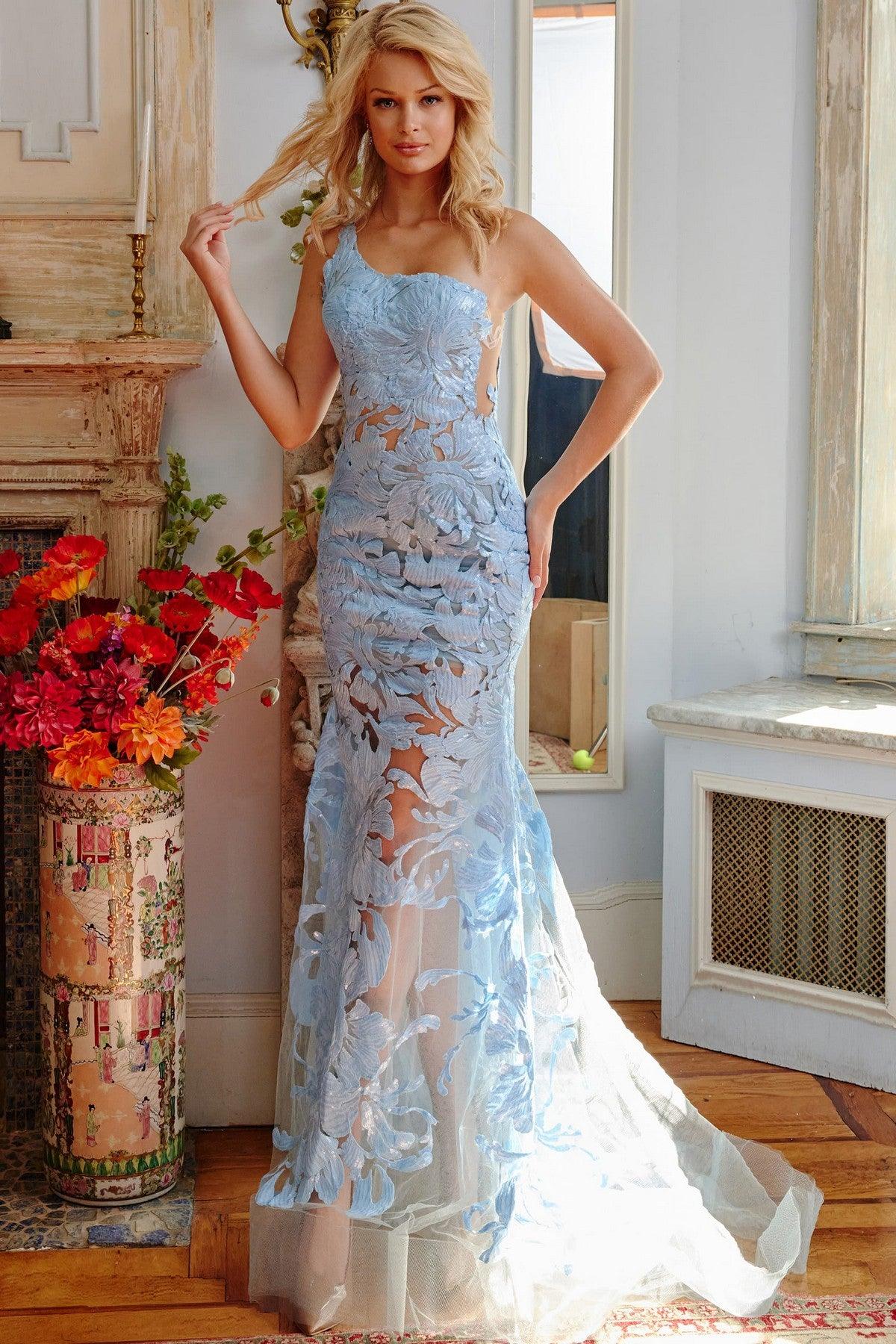 One Shoulder Fitted Long Prom Gown Light Blue