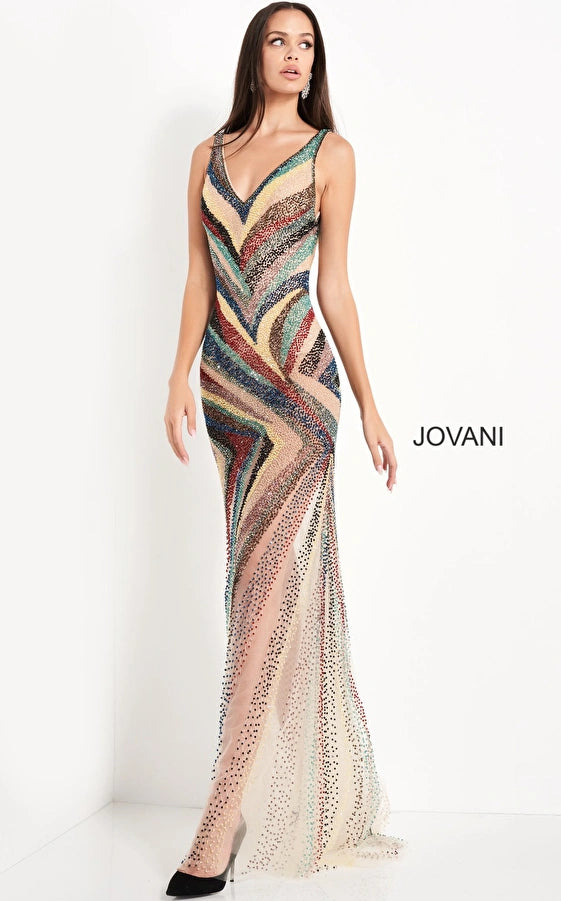 Jovani 05560 Nude Multi Beaded V Neck Prom Dress