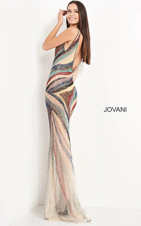 Jovani 05560 Nude Multi Beaded V Neck Prom Dress