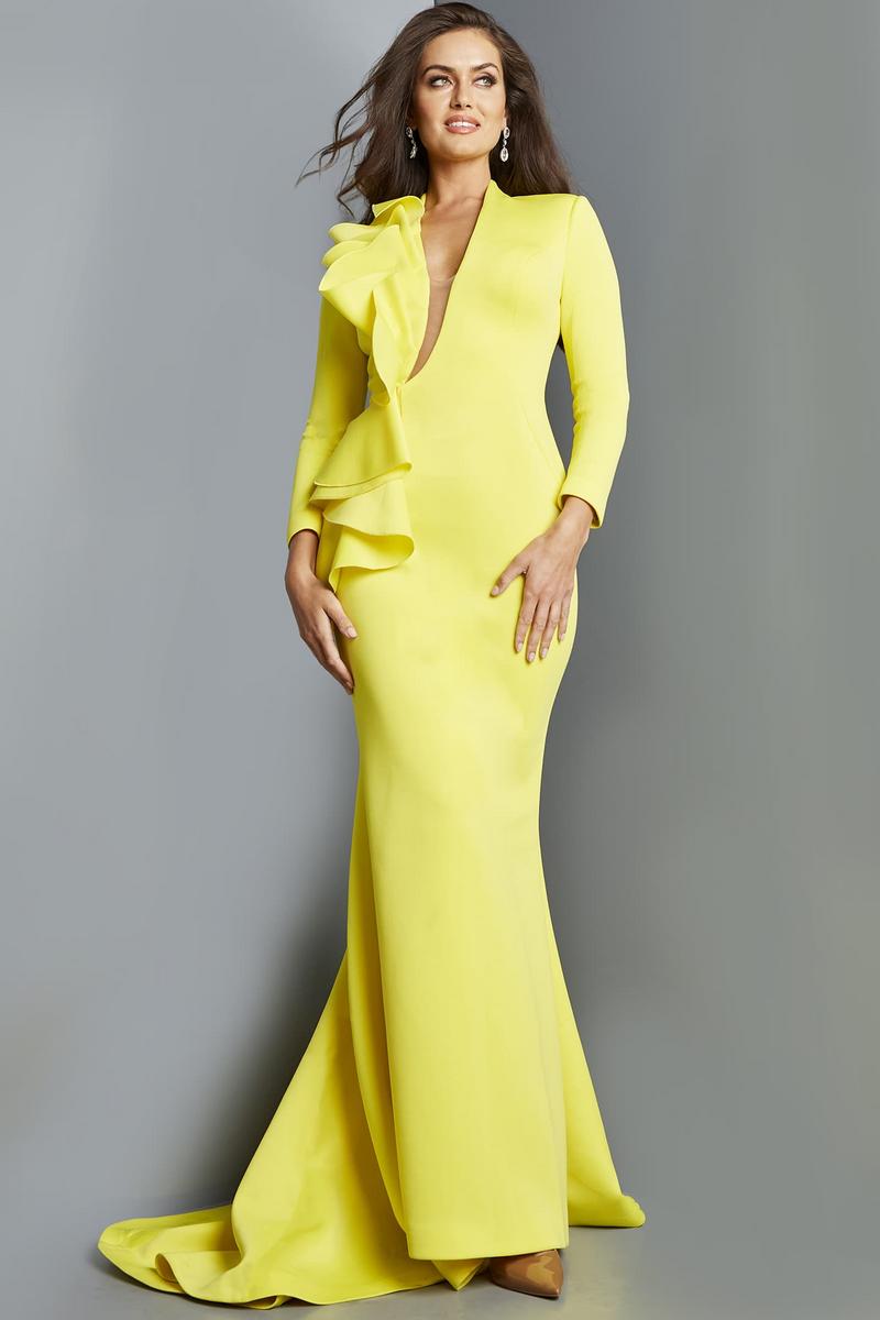 Formal Dresses Ruffle Fitted Three Quarter Sleeve Formal Dress Yellow