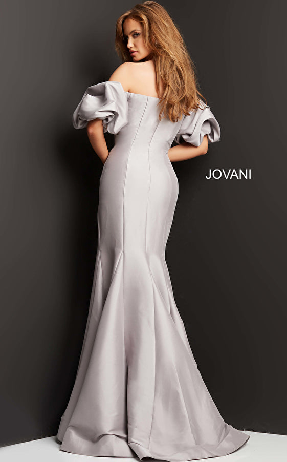puffy off the shoulder dress Jovani 08361 Designer Evening Dress with Puff Sleeves Indigo / 4