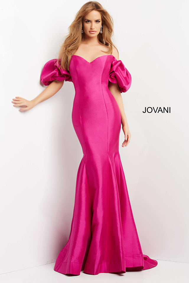Jovani 09031 Off Shoulder Puff Sleeve Mermaid Formal Dress