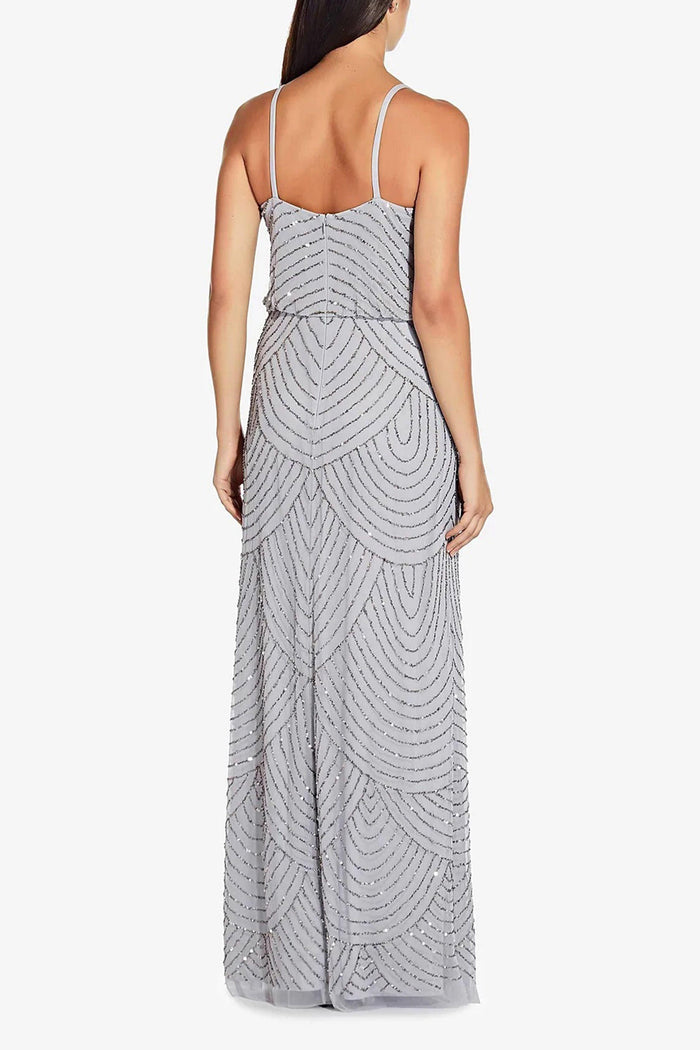 Formal Dresses Adrianna Papell 091866700 Spaghetti Strap V-Neck Blouson Long Formal Dress Bridal Silver