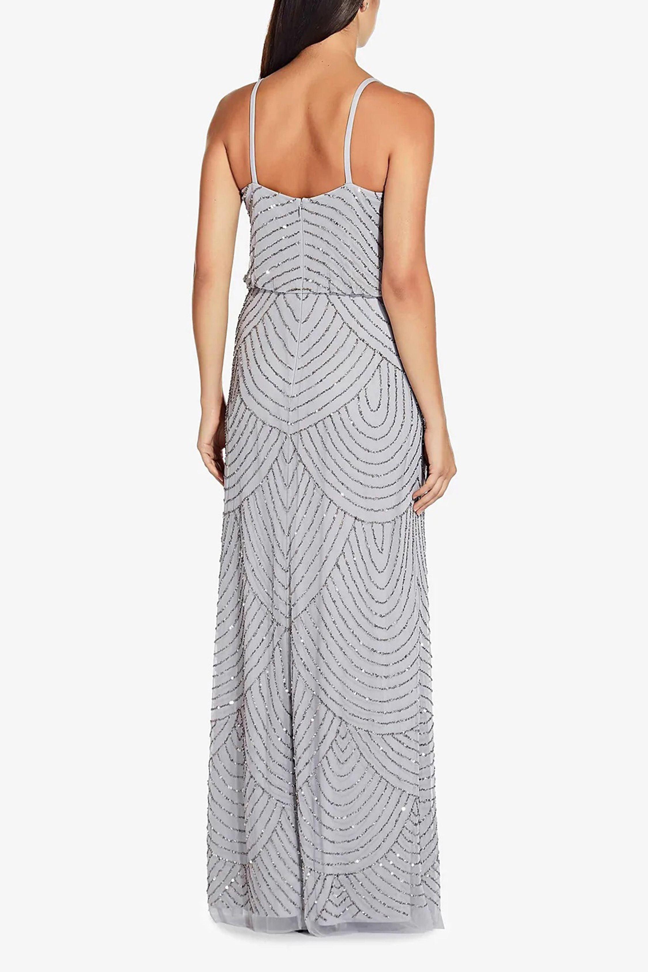 Formal Dresses Adrianna Papell 091866700 Spaghetti Strap V-Neck Blouson Long Formal Dress Bridal Silver