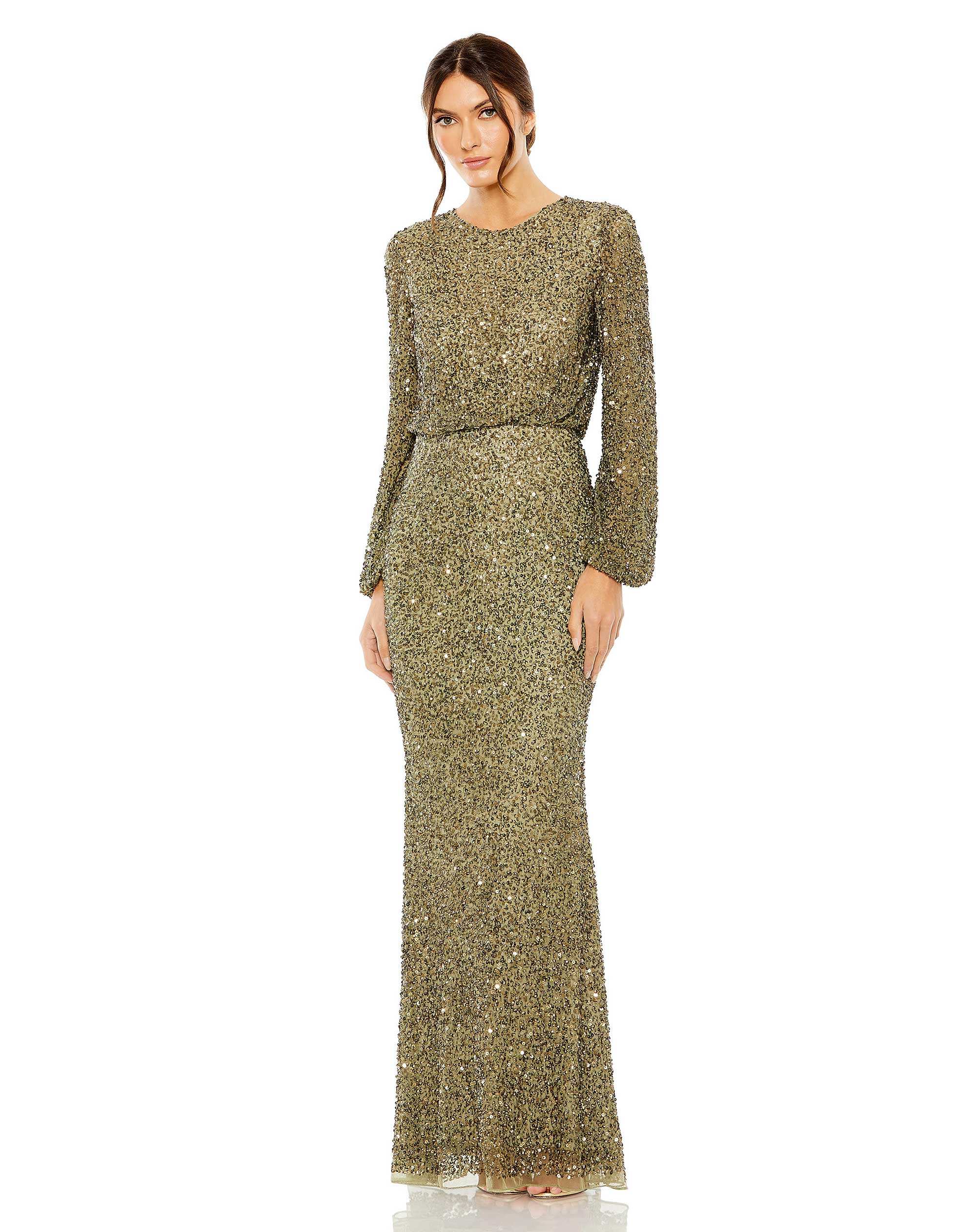 Mac Duggal - Green High Neck Long Sleeve Beaded Blouson Gown - US 8 Mac Duggal - Green High Neck Long Sleeve Beaded Blouson Gown - US 8