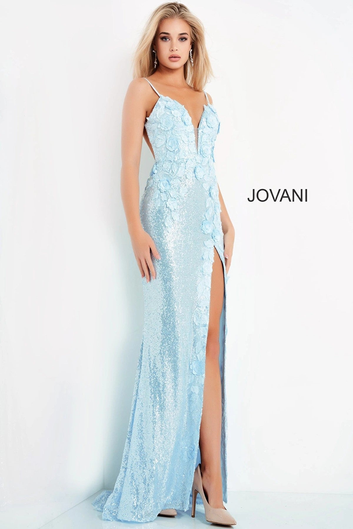 Prom Dresses Long Spaghetti Strap Floral Applique Prom Dress Light Blue