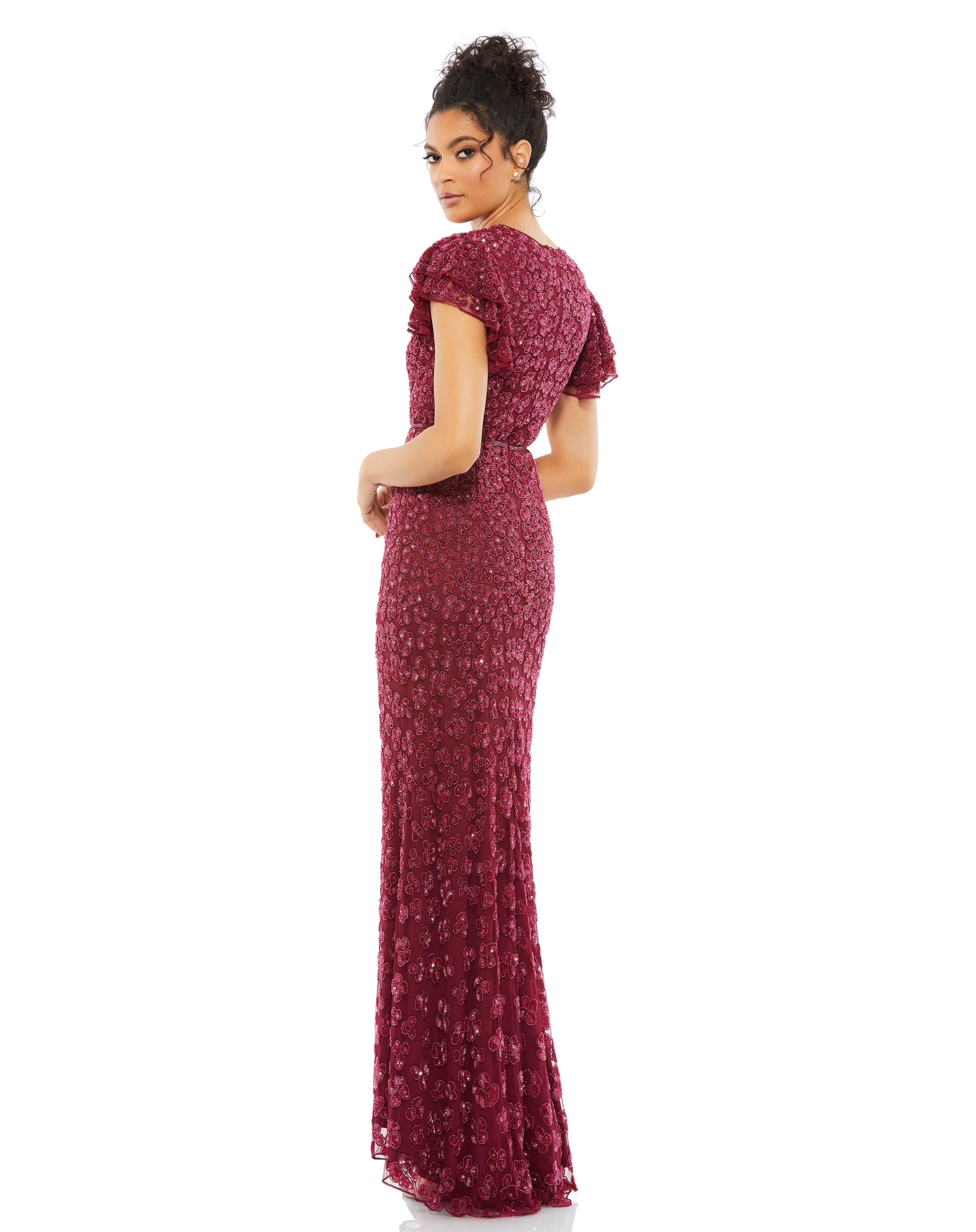 Mac Duggal 10748 Long Formal Ruffle Cap Sleeve Dress