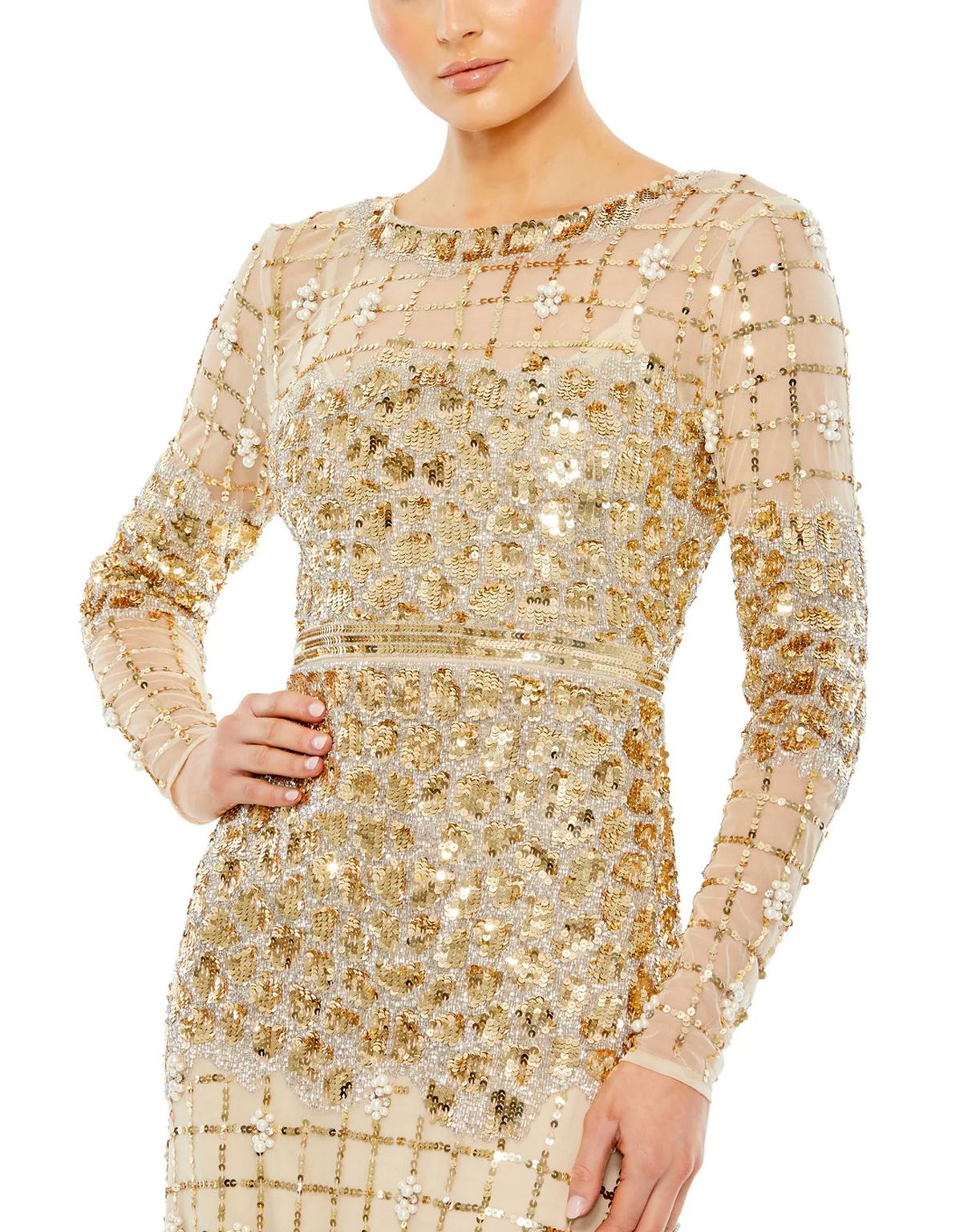 Gold Mac Duggal 10951 Long Sleeve Formal Evening Dress for $998.99