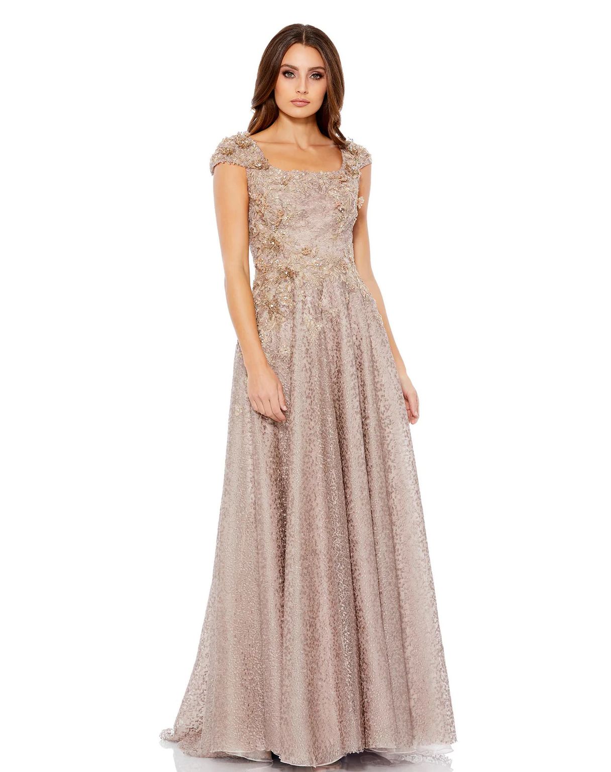 Formal Dresses Long Embellished Cap Sleeve Square Neck A Line Dress Mocha