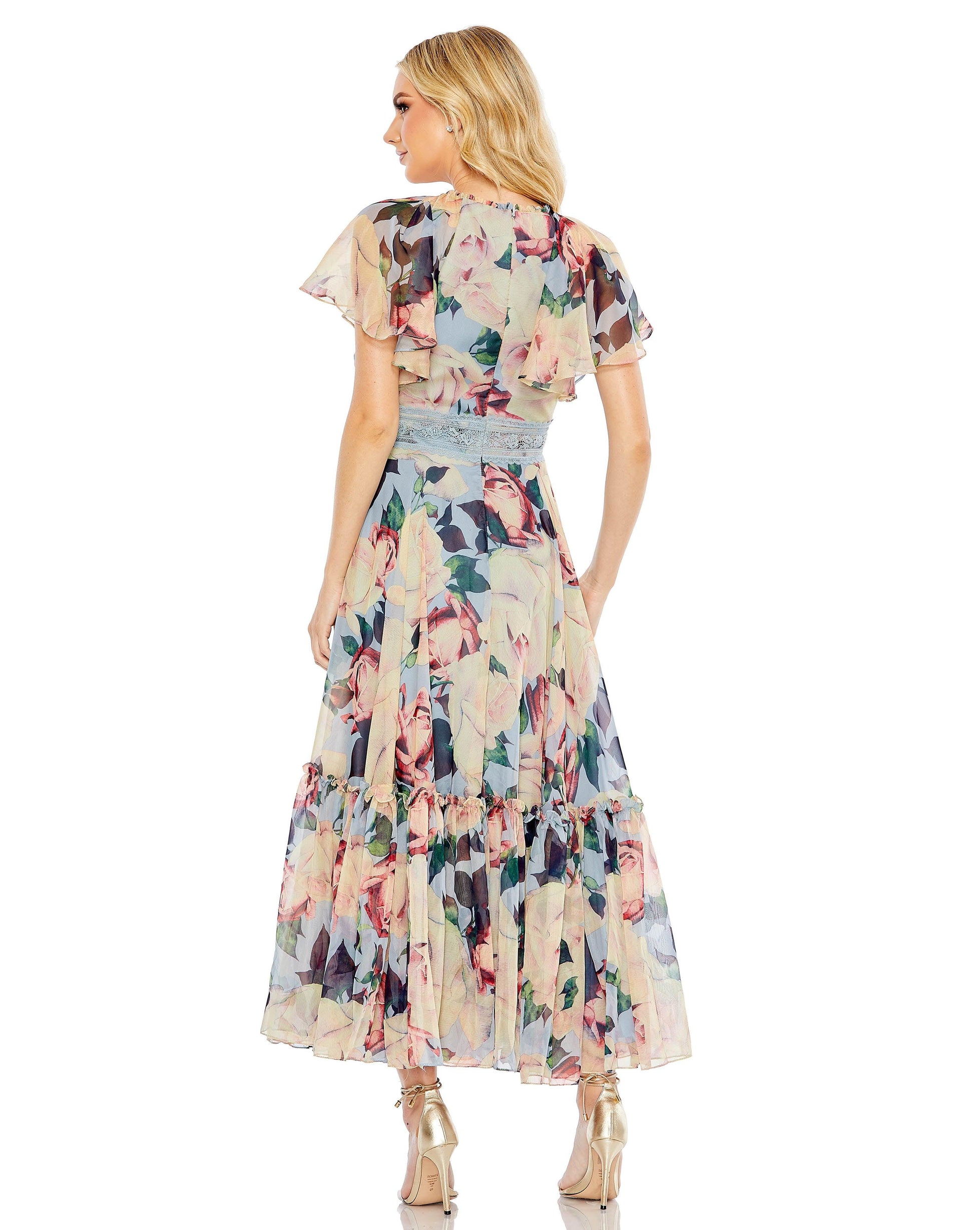 Mac Duggal 11400 Floral Print Tea Length Formal Dress