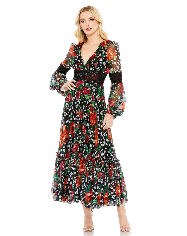 Chiffon Tea-length Pleated Dress with Floral Waist Detail Dusty Blue
